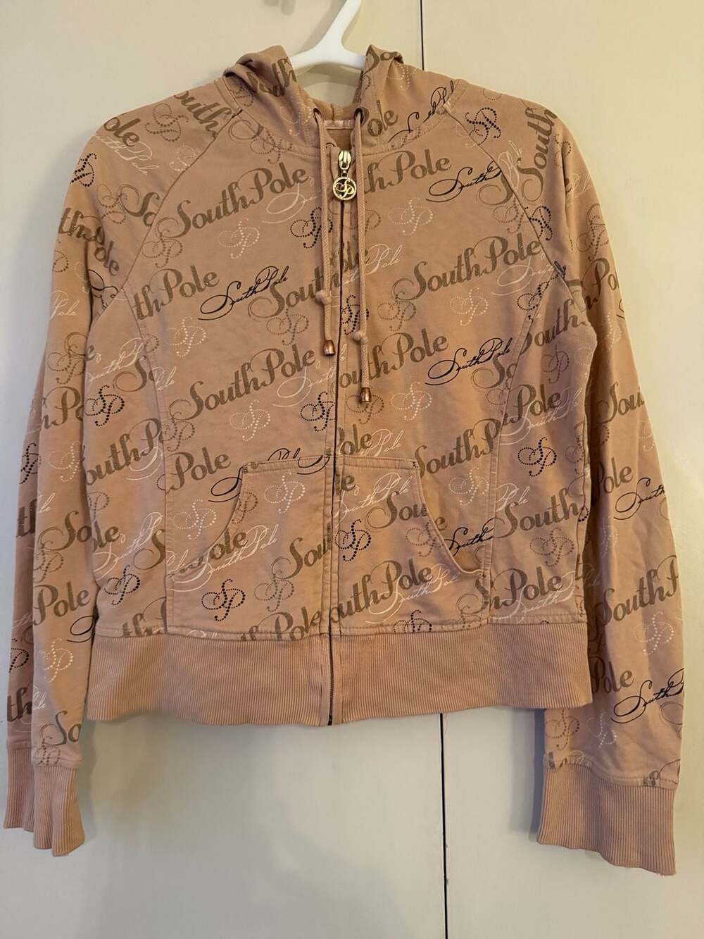 South Pole Y2K Logo Print Zip-Up Hoodie Tan Juniors Large (measures as a small)